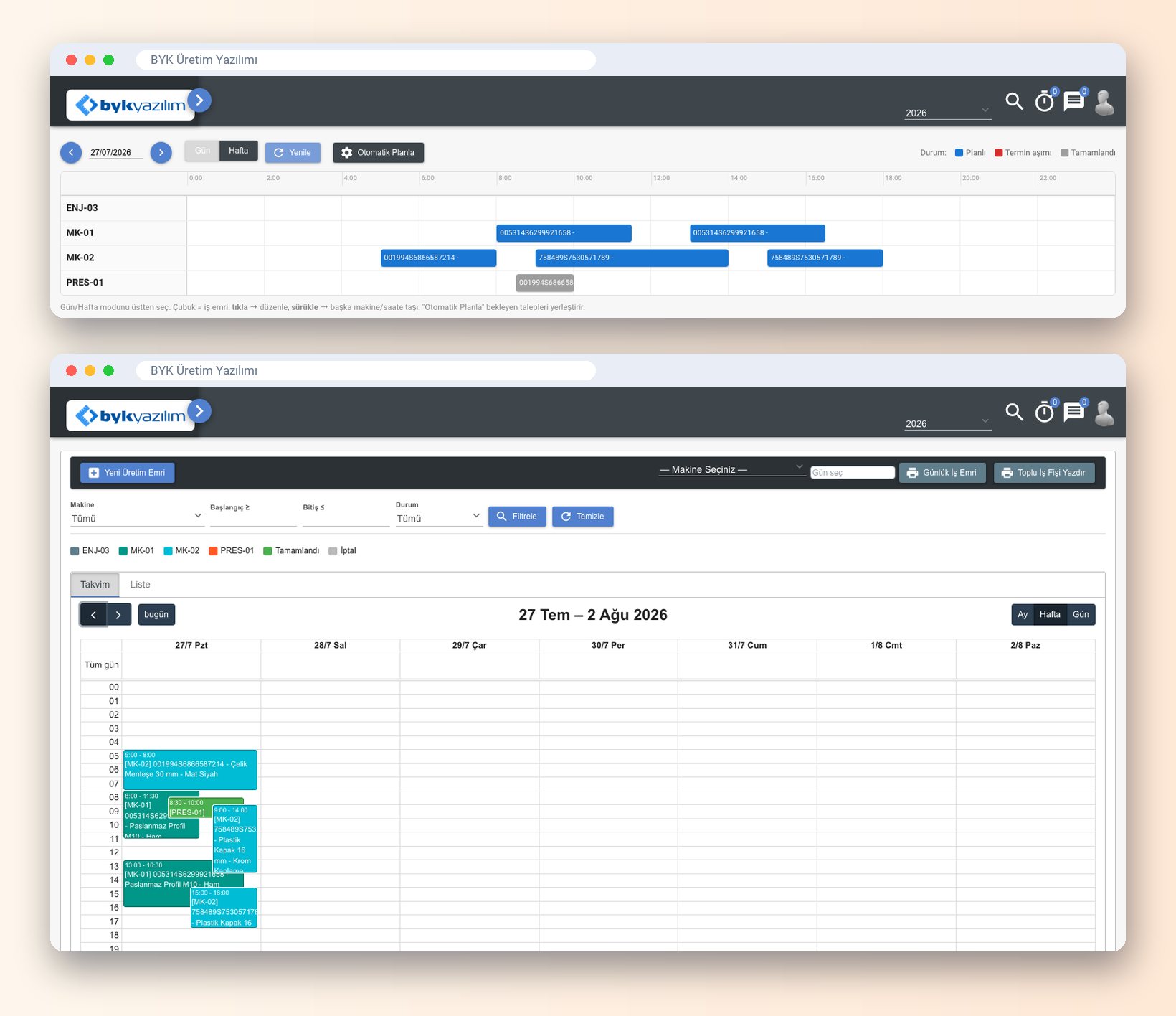 Maschinenplanung: Kalender- und Gantt-Ansicht