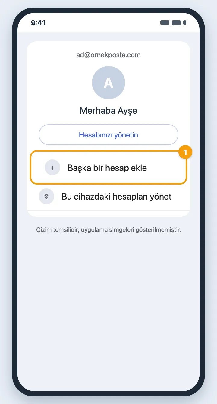 Gmail hesap menüsü, Başka bir hesap ekle satırı vurgulu