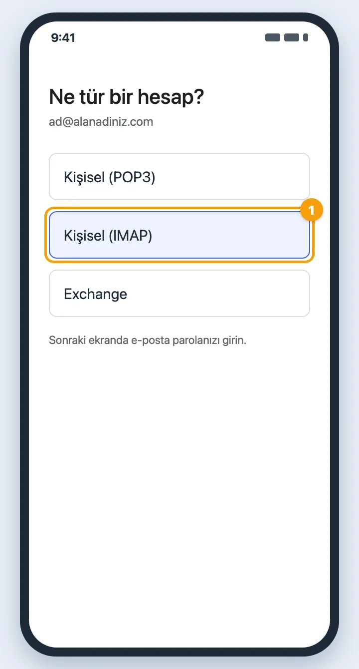 Hesap türü seçimi, Kişisel (IMAP) vurgulu