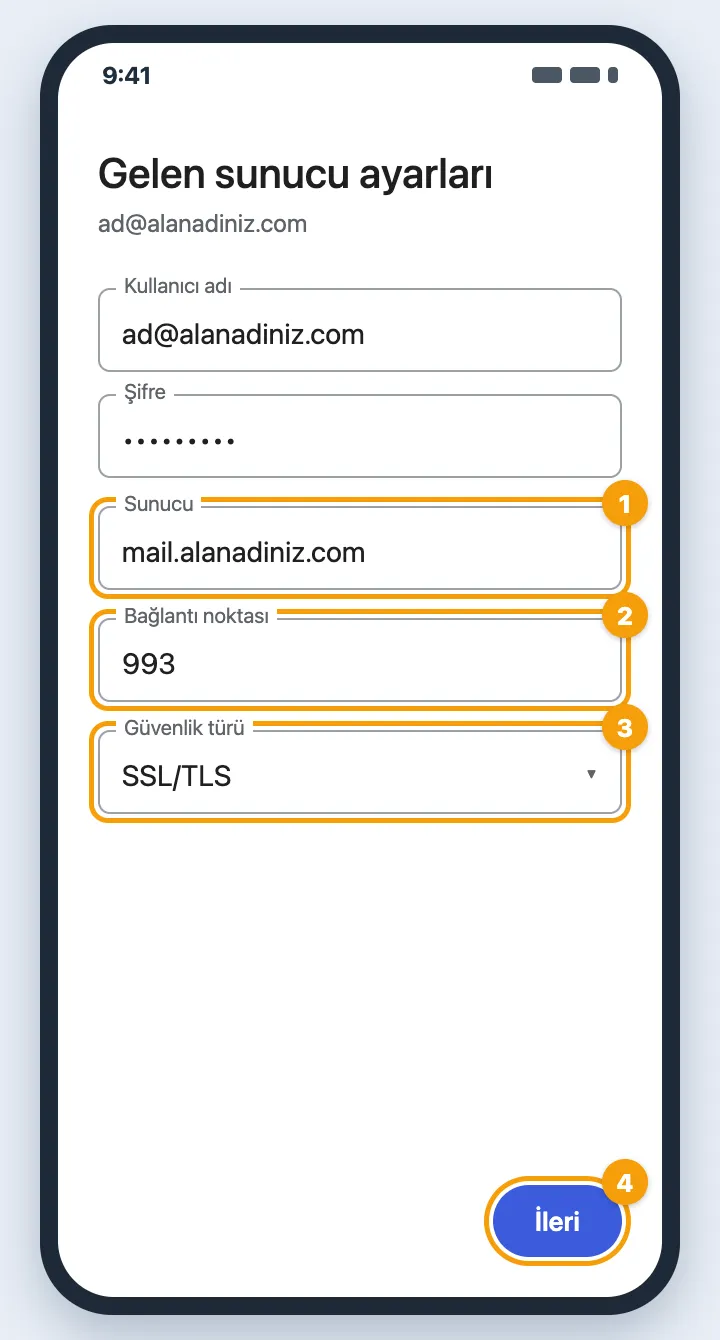 Gelen sunucu ayarları: sunucu mail.alanadiniz.com, bağlantı noktası 993, güvenlik türü SSL/TLS