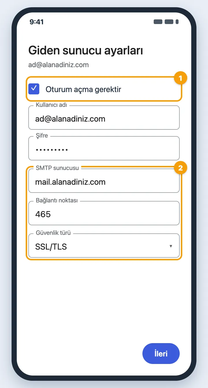 Giden sunucu ayarları: oturum açma açık, SMTP sunucusu, 465, SSL/TLS