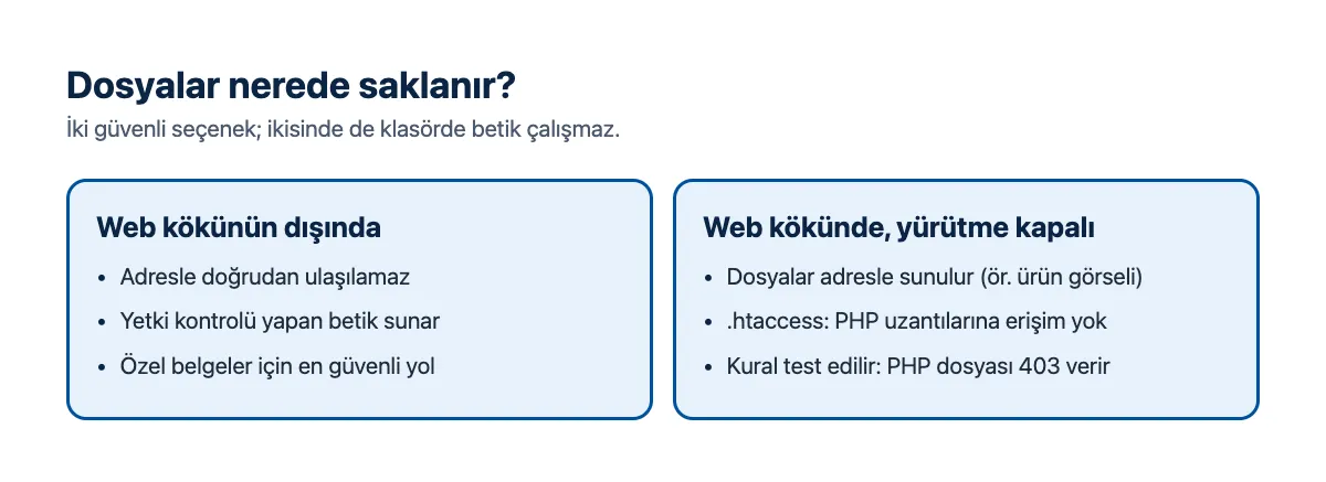 Şema: web kökü dışındaki depolama ve yürütmenin kapalı olduğu yükleme klasörü