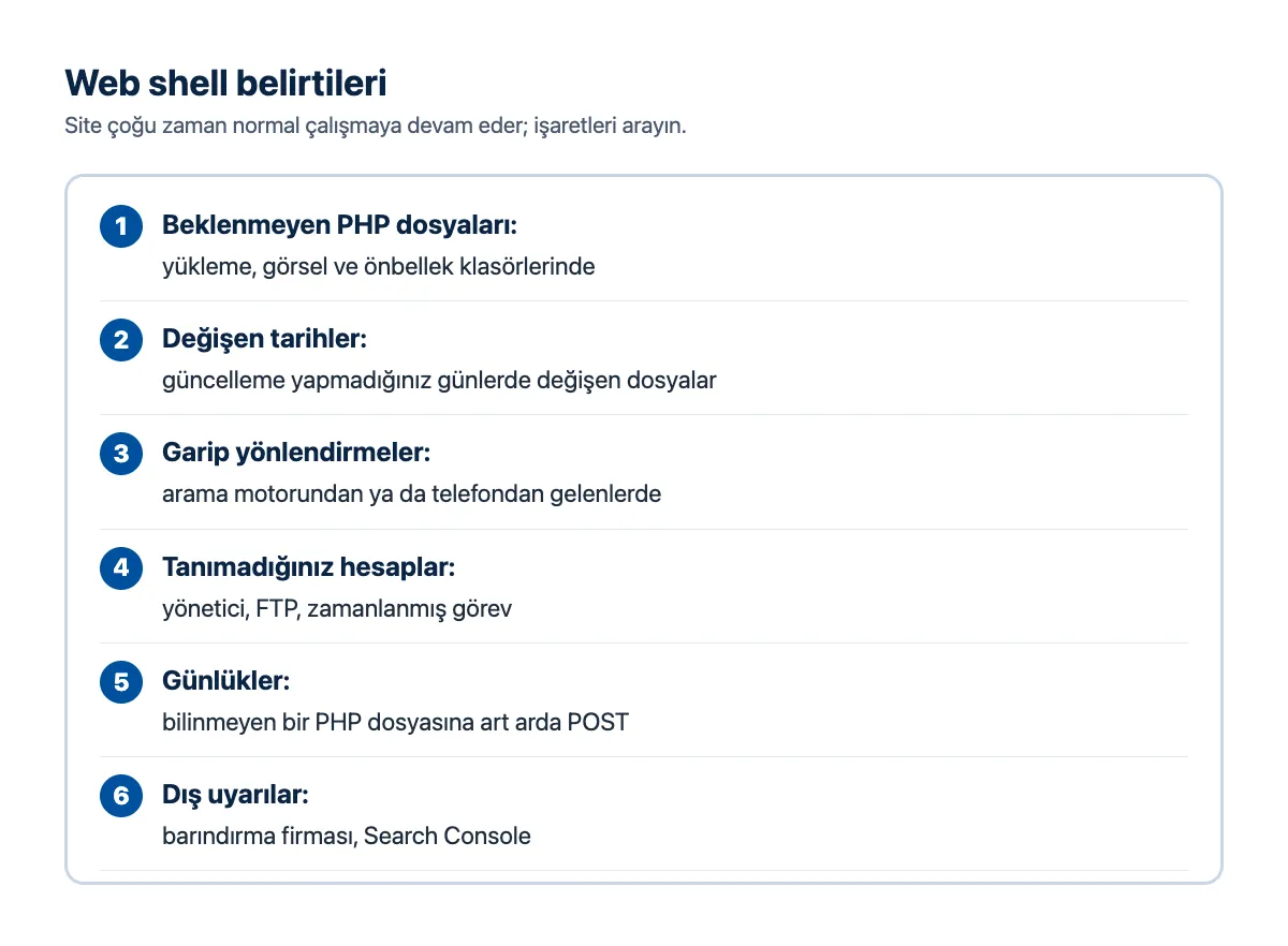 Kontrol listesi: web shell belirtileri; beklenmeyen PHP dosyaları, değişen tarihler, yabancı yönlendirmeler, bilinmeyen hesaplar