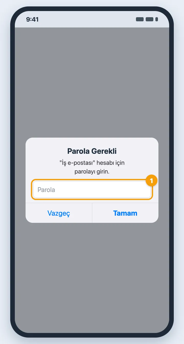 Telefon ekranında parola isteyen uyarı penceresi, parola alanı vurgulu
