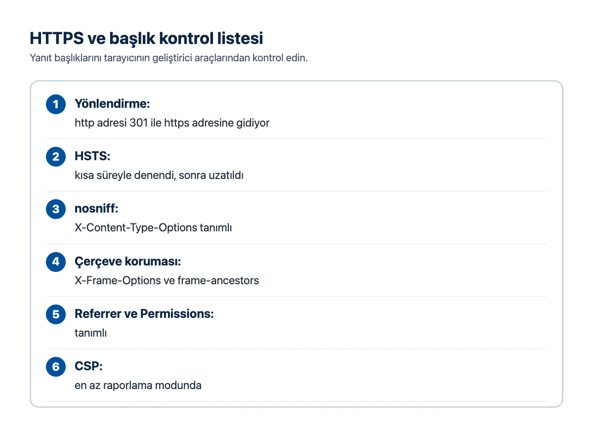 Kontrol listesi: https yönlendirme, HSTS, nosniff, çerçeve koruması, referrer, permissions, CSP