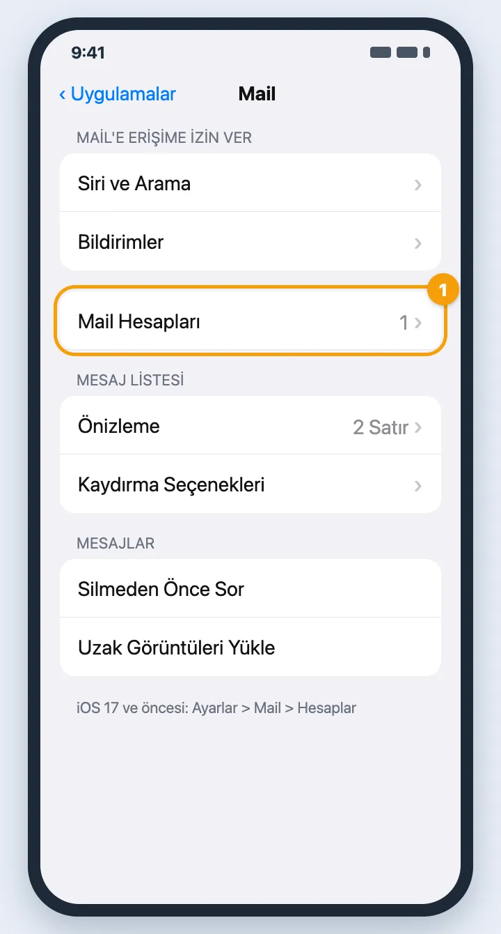 iPhone Mail ayarları, Mail Hesapları satırı vurgulu