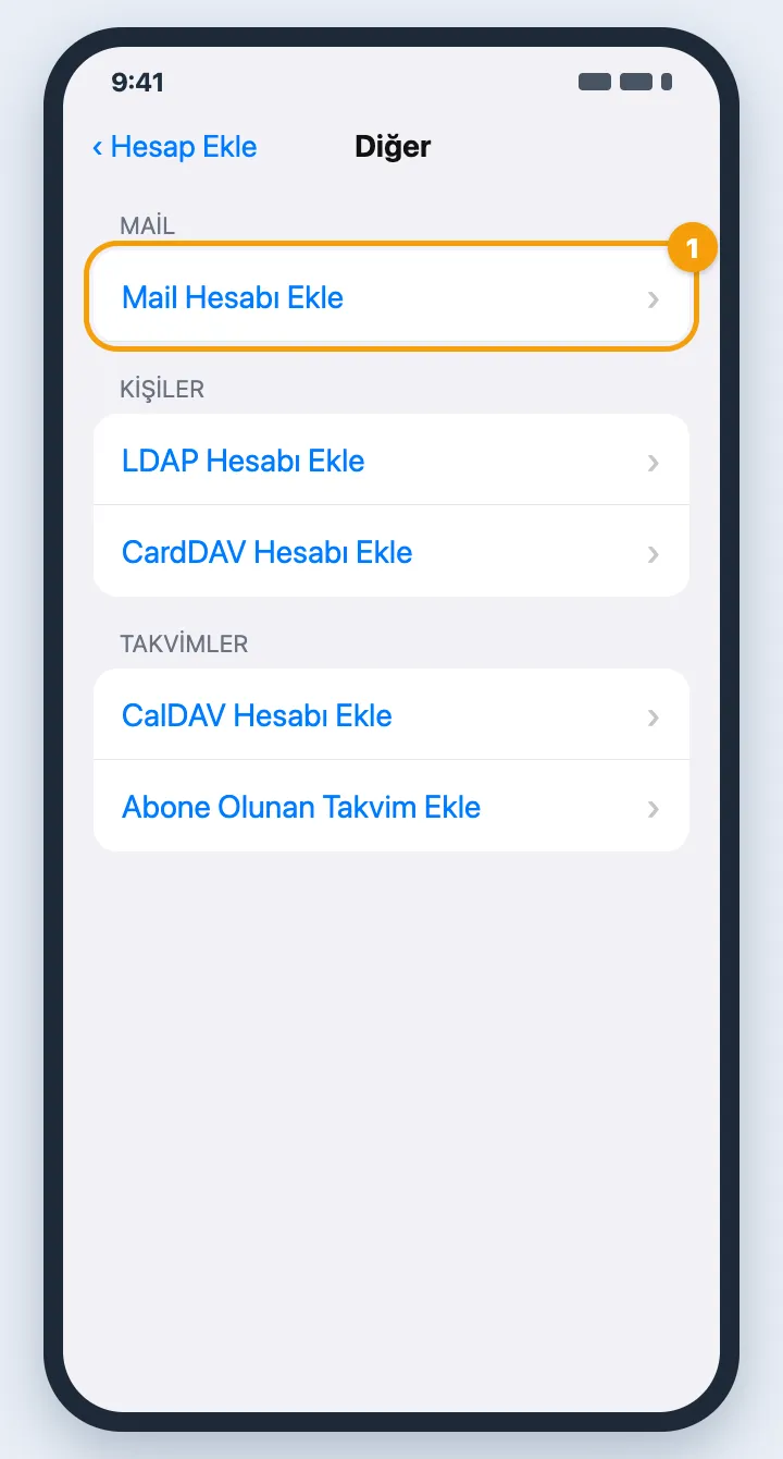 Diğer ekranı, Mail Hesabı Ekle satırı vurgulu