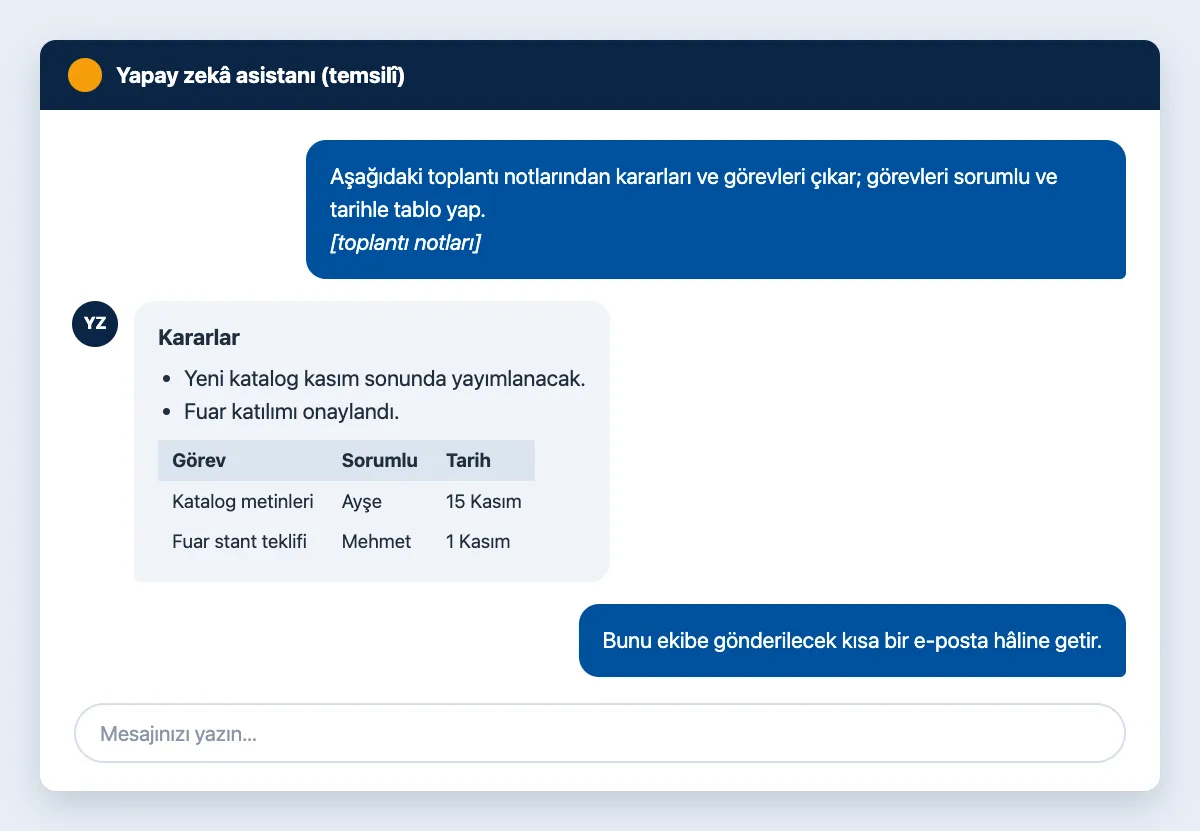 Sohbet çizimi: toplantı notlarından kararlar ve görev listesi çıkarılıyor