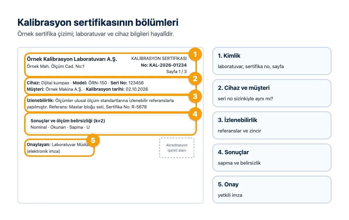 Örnek kalibrasyon sertifikası çizimi: kimlik, cihaz, izlenebilirlik, sonuçlar, belirsizlik ve onay bölümleri numaralı