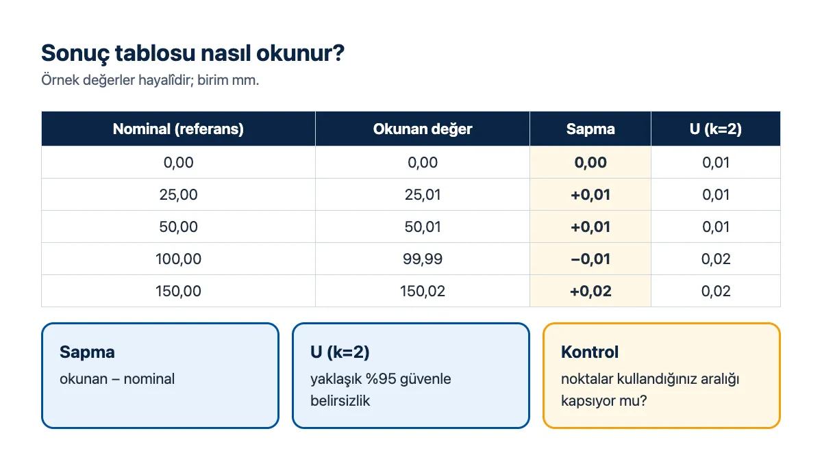 Örnek sonuç tablosu: nominal değer, okunan değer, sapma ve U (k=2) sütunları