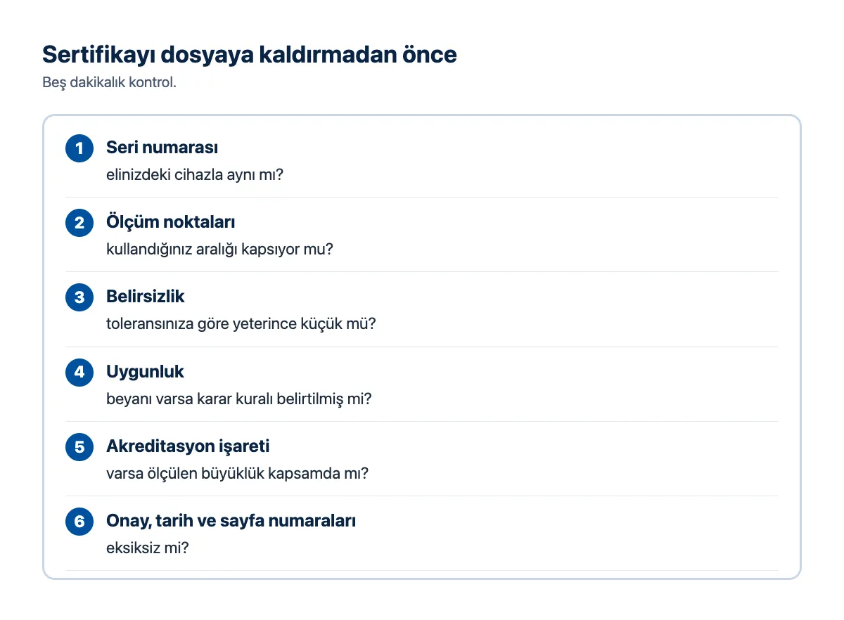 Kontrol listesi: seri numarası, ölçüm noktaları, belirsizlik, uygunluk, akreditasyon, onay ve tarih