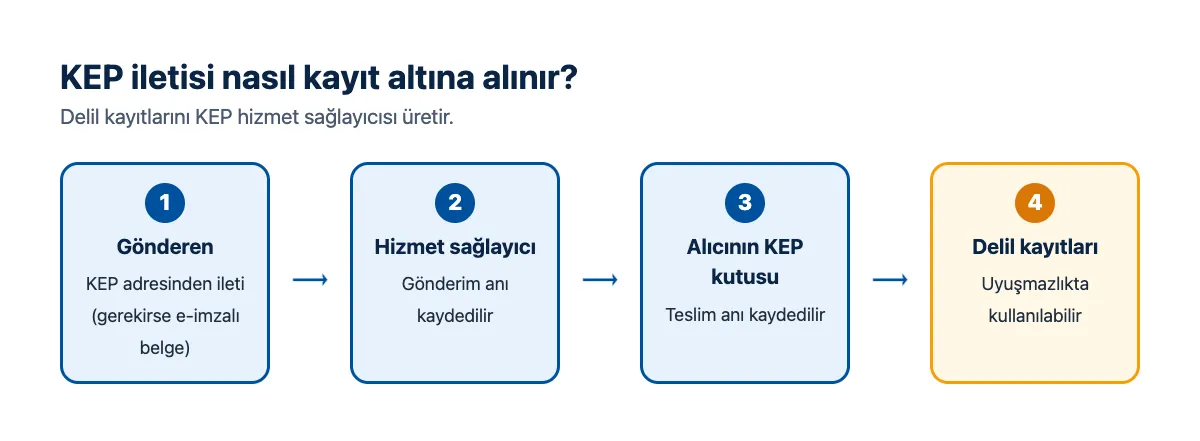 Akış şeması: gönderen, KEP hizmet sağlayıcısı, delil kaydı, alıcının KEP kutusu
