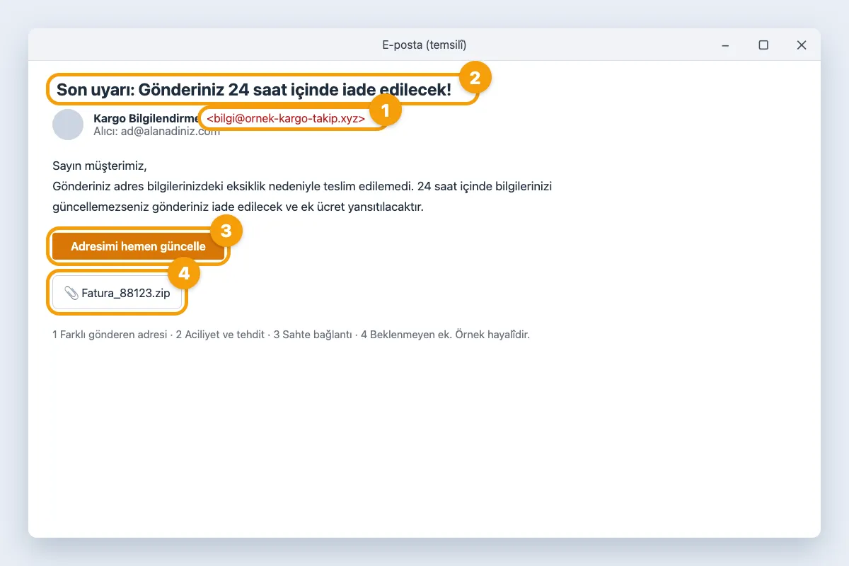 Sahte e-posta çizimi: farklı gönderen adresi, aciliyet dili, şüpheli bağlantı ve ek numaralı işaretli