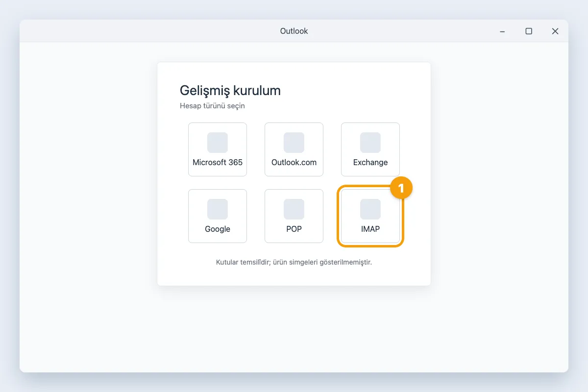 Gelişmiş kurulum ekranında hesap türleri, IMAP kutusu vurgulu