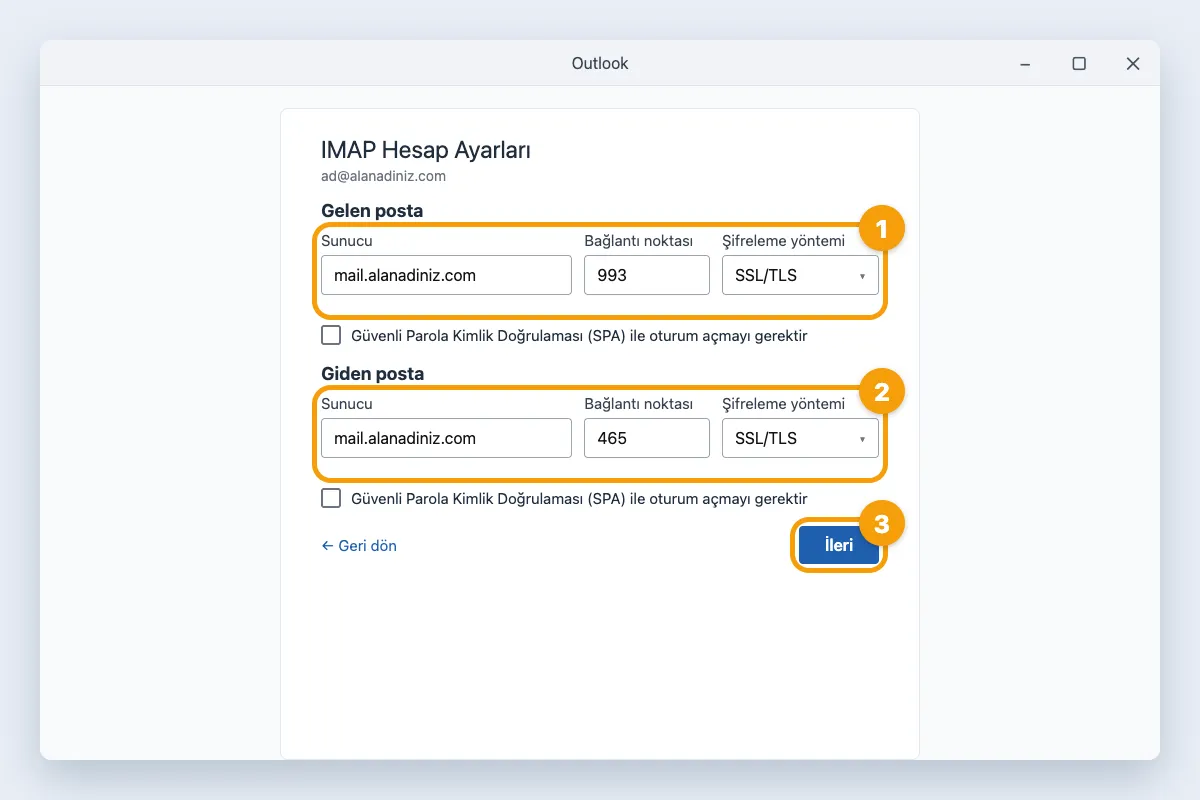 IMAP Hesap Ayarları: gelen posta 993 SSL/TLS, giden posta 465 SSL/TLS