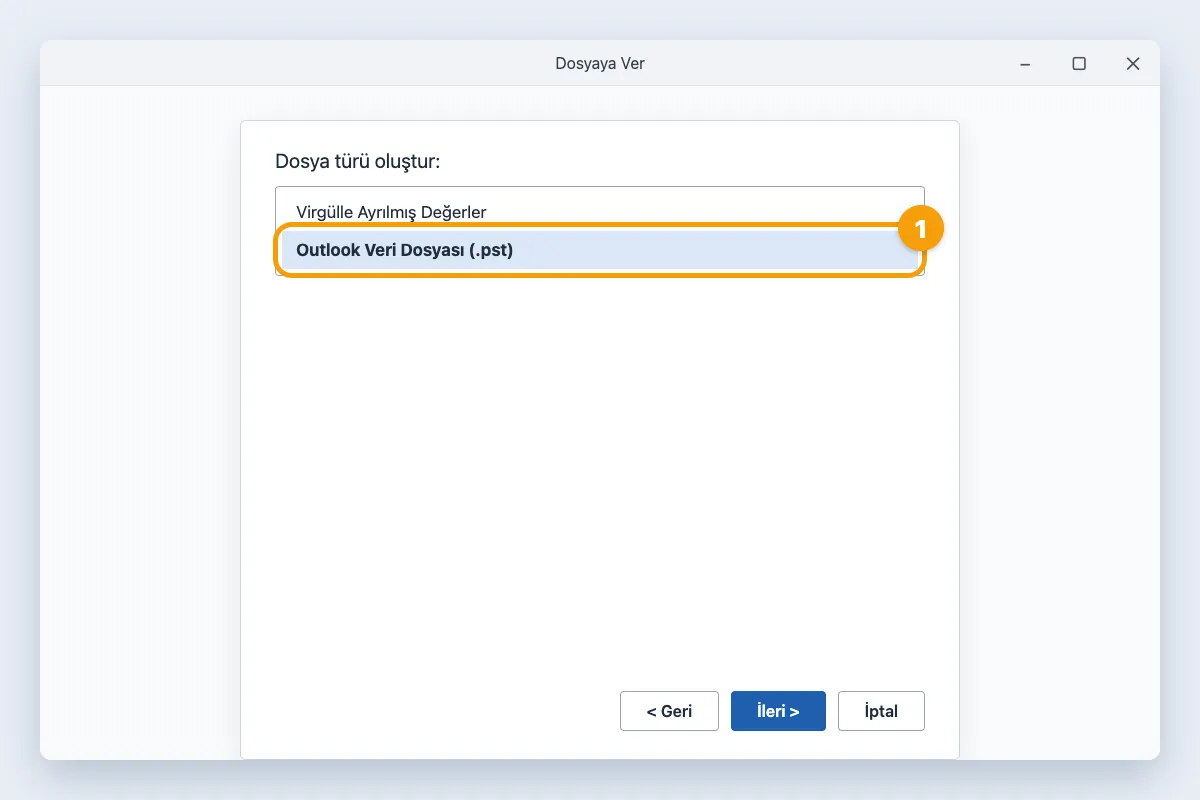 Dosya türü seçimi, Outlook Veri Dosyası (.pst) vurgulu