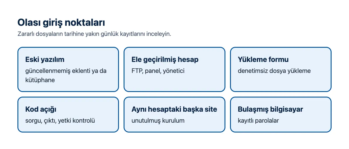 Şema: olası giriş noktaları; eski yazılım, ele geçirilmiş hesap, yükleme formu, kod açığı, aynı hesaptaki başka site, bulaşmış bilgisayar