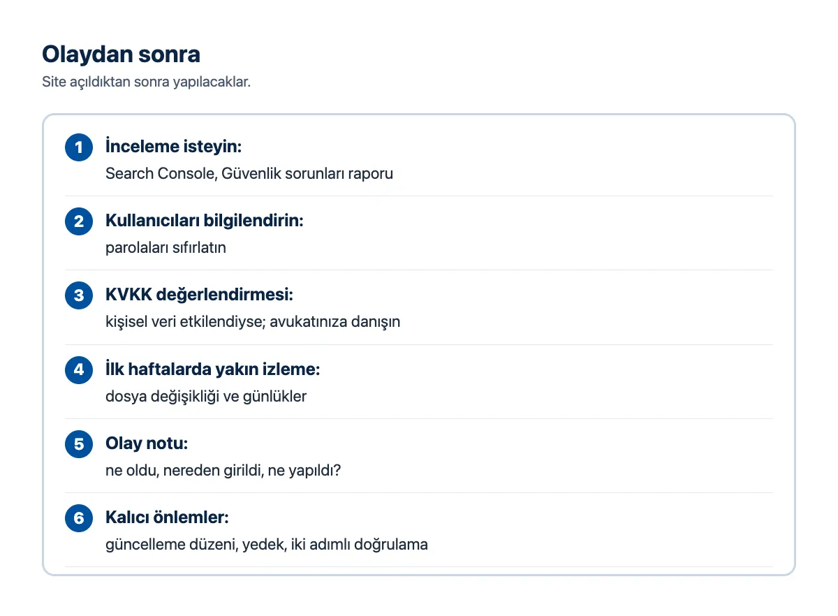 Kontrol listesi: olaydan sonra; inceleme isteği, kullanıcı bilgilendirme, KVKK değerlendirmesi, olay notu, kalıcı önlemler
