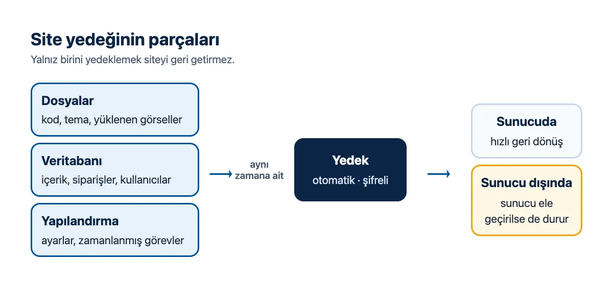 Şema: site yedeğinin parçaları; dosyalar, veritabanı, yapılandırma; sunucu dışında saklanan kopyalar