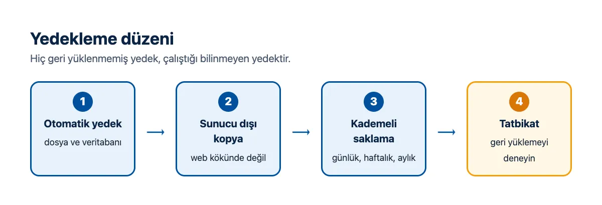 Akış şeması: otomatik yedek, sunucu dışına kopya, saklama süresi, geri yükleme tatbikatı