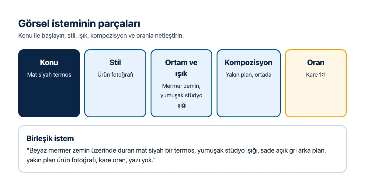 Görsel istemi şeması: konu, stil, ortam ve ışık, kompozisyon, oran