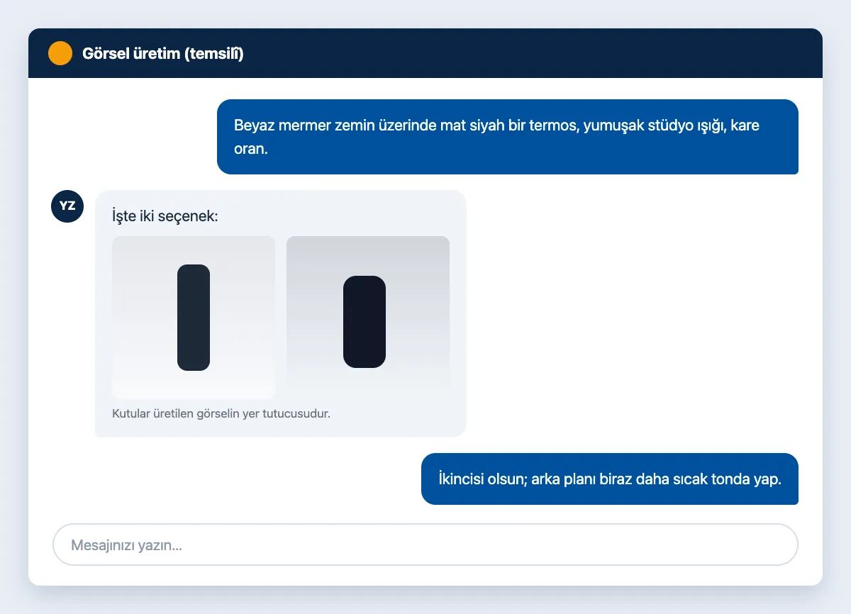 Sohbet çizimi: kullanıcı ürün fotoğrafı istiyor, asistan üretilen görselin yer tutucusunu gösteriyor