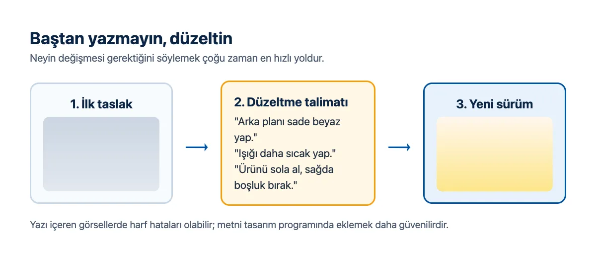 Düzenleme akışı şeması: ilk taslak, düzeltme talimatı, yeni sürüm