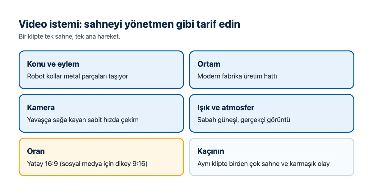 Video istemi kartı: konu ve eylem, ortam, kamera, ışık, oran örnekleriyle