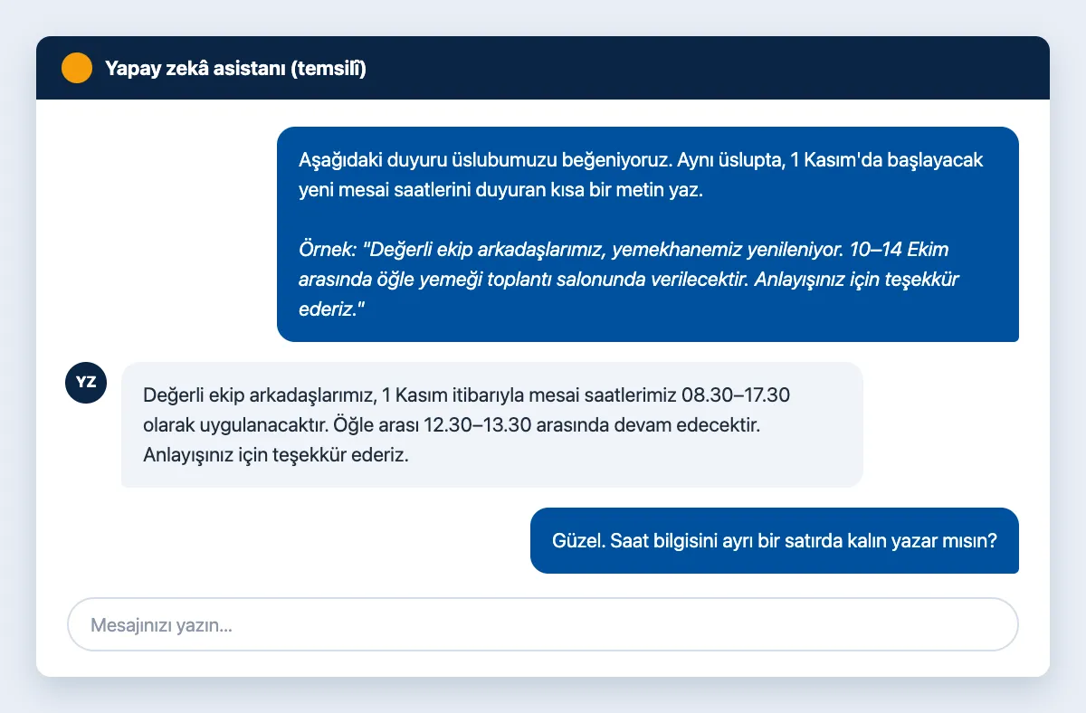 Sohbet çizimi: kullanıcı örnek bir metin verip aynı üslupta yeni metin istiyor, asistan yanıtlıyor