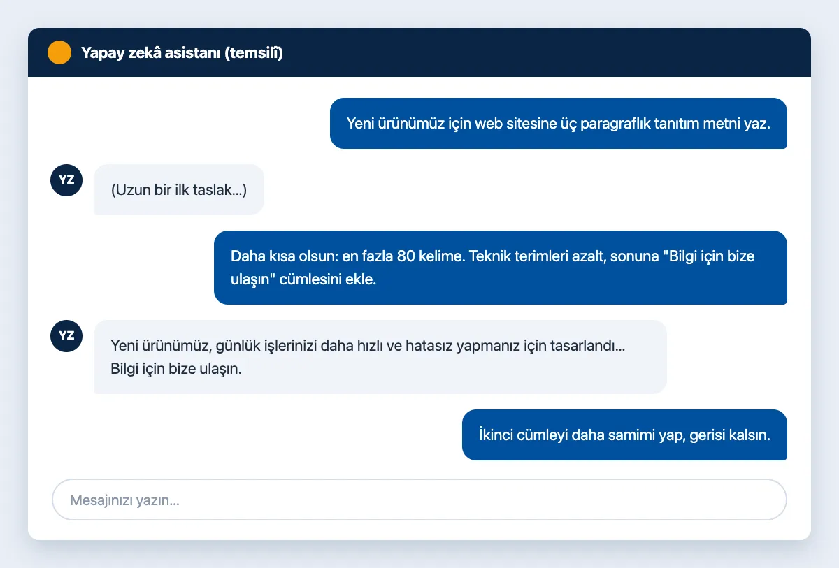 Sohbet çizimi: kullanıcı ilk yanıtı takip talimatlarıyla kısaltıp düzeltiyor